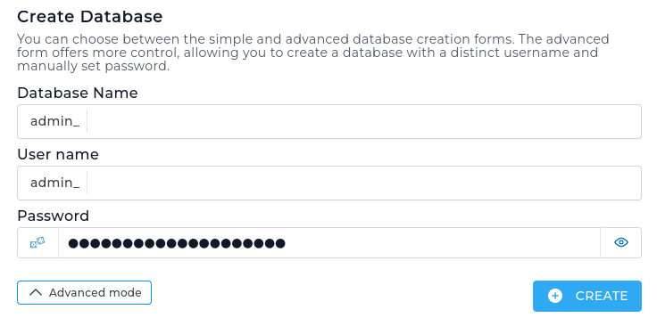 Create new database in advanced mode