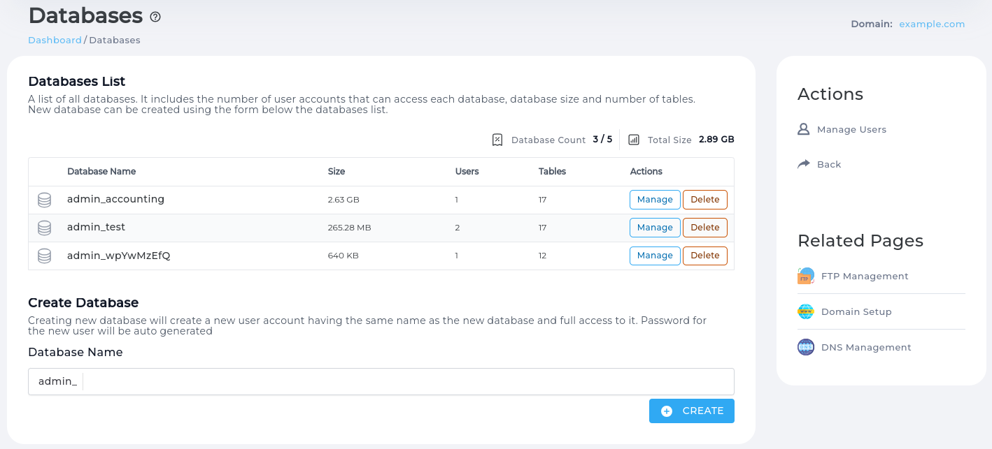 Databases list page